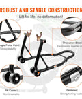 Detailed view of Beefy 850 Lb Front And Rear Motorcycle Stand Lift With Combo Fork Wheel Stand features and construction material.