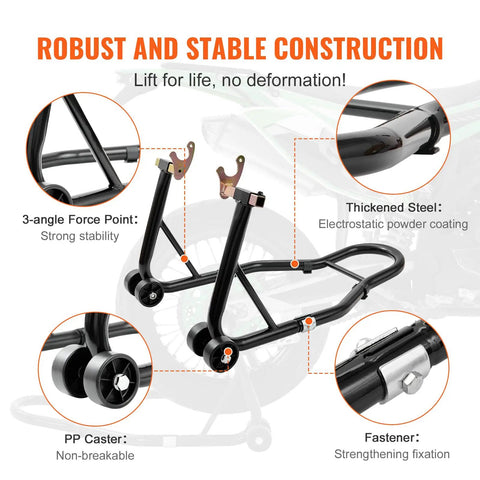 Detailed view of Beefy 850 Lb Front And Rear Motorcycle Stand Lift With Combo Fork Wheel Stand features and construction material.