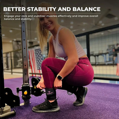 Premium Cable Machine Ankle Straps for Glute Kickbacks and Hip Abductions Featuring Hella Padded Cushioning in use on cable machine.