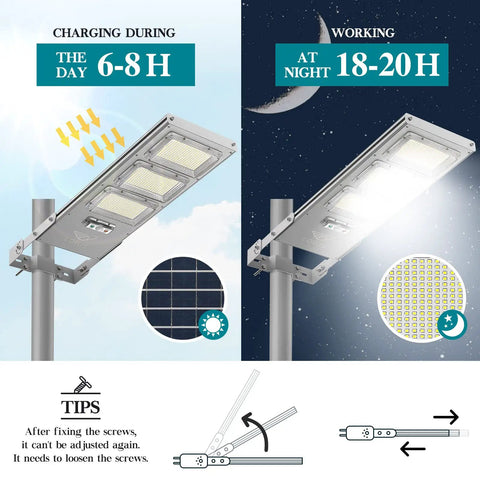 1500W Commercial Solar Street Light With Remote Control And Motion Sensor For Parking Lot Highway Garage Outdoor Flood Light Dusk To Dawn For Wall Or Pole Mount No Hassle Setup In Sun Powered Illumination showing solar charging and LED lighting features, with installation tips.