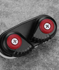 Close-up of aluminum cam cleat rope clutch with dual red cams for 4–6 mm rope