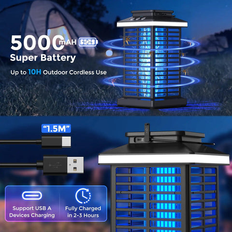 3 In 1 Outdoor Bug Zapper with 5000mAh battery, LED night light, 4000V electric grid for outdoor use, shown with USB charging capability