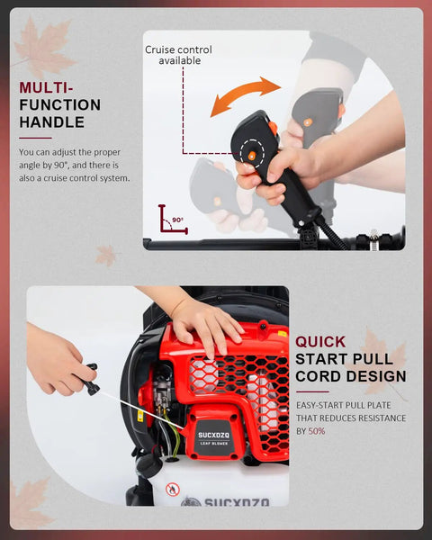 Multi-function handle and quick start pull cord of Beast Gas Backpack Leaf Blower With 665 CFM And 205 MPH, shown in use.