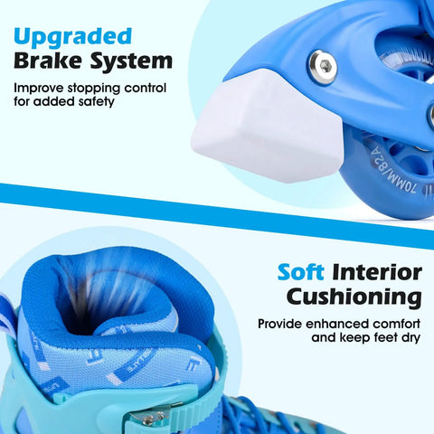 Adjustable Kids Inline Skates With Light Up Wheels For Boys And Girls Ages 5 To 14 4 Size Range Growth Friendly Roller Blades in blue showing brake system and cushioning.