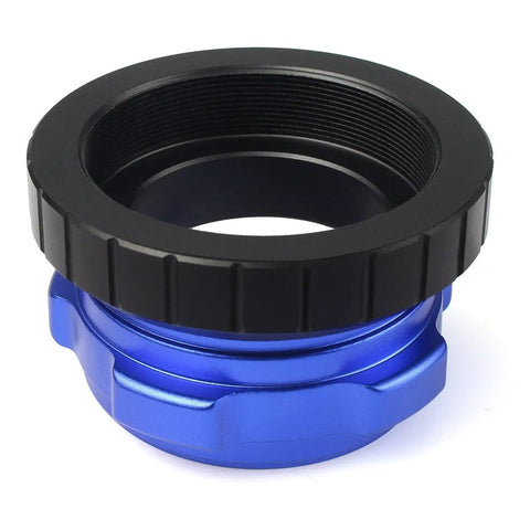 Hybrid 1.25 Inch Telescope Eyepiece Adapter with PETF Inner Ring and Coaxial Lock in blue and black showing locking mechanism.