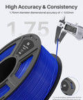 Blue PLA 1.75mm filament on a large gray spool for 3D printers, caliper showing diameter.