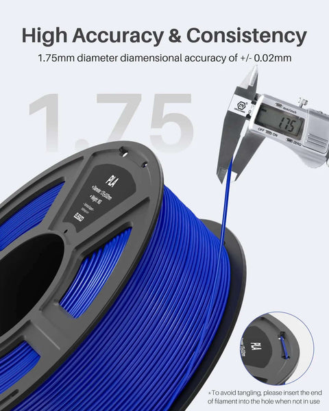 Close-up of blue filament on spool with digital caliper, showing 1.75mm diameter for 3D printing, emphasis on precision.