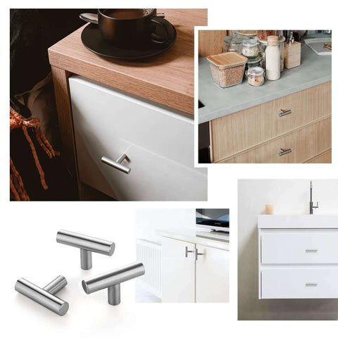 Image showing 10 Pack Brushed Nickel T Bar Cabinet Knobs 2 Inch Single Hole For Dressers And Drawers in modern kitchen settings.