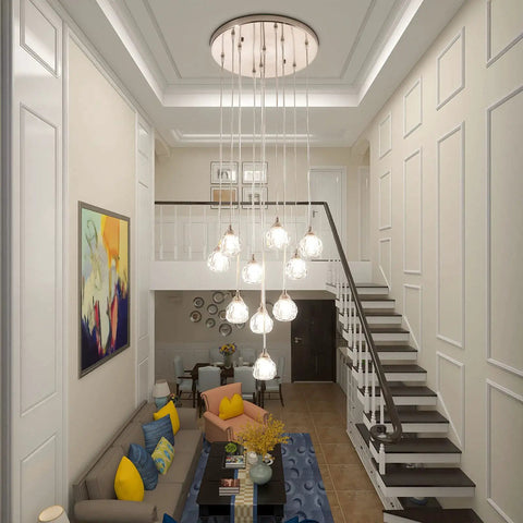 Elegant room featuring 10 Light Stair Crystal Chandelier with Raindrop Globe Glass Ceiling Lighting in Nickel Finish for Dining Room Living Room Hallway Staircase and Loft Lit Postmodern Pendant Light Fixture