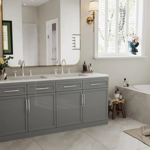 Bathroom with double sink grey cabinet featuring 10 Pack Solid Zinc Alloy Cabinet Handles Set Brushed Nickel Arch Drawer Pulls