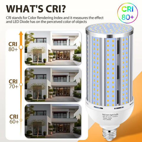 Comparison of CRI levels with 2 Pack 120W LED Corn Light Bulb Fanless 3000K Warm White 1200 Watt Equivalent E26 and E39 Mogul Base