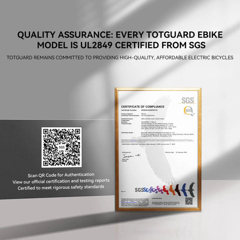 Certificate of compliance for 26 Inch Electric Mountain Bike With 350W Motor, 19.8 MPH Top Speed, SGS UL 2849 certification displayed.