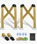 Heavy Duty Two Person Moving Straps With Adjustable Shoulder Harness And Beefy Steel Buckles For Hassle Free Hauling Of Furniture Mattresses And Appliances Without Wrecking Your Back, featuring gold straps and steel buckles.
