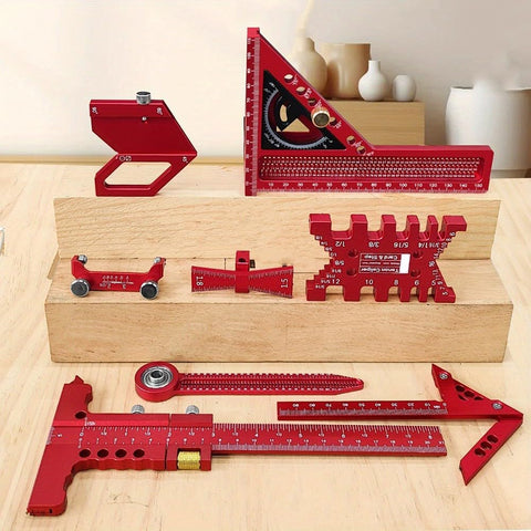 Pro Grade Woodworking Measuring And Scribing Tool Set With 9 Piece Precision Kit in red on wooden surface, aluminum alloy.