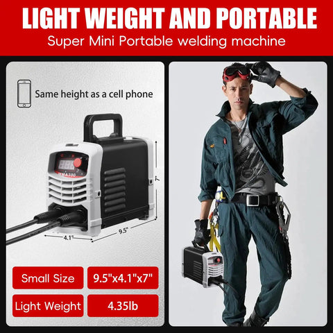 MMA300 Electric Arc Welder Stick Welder Portable Mini IGBT Inverter shown with dimensions and a person carrying it