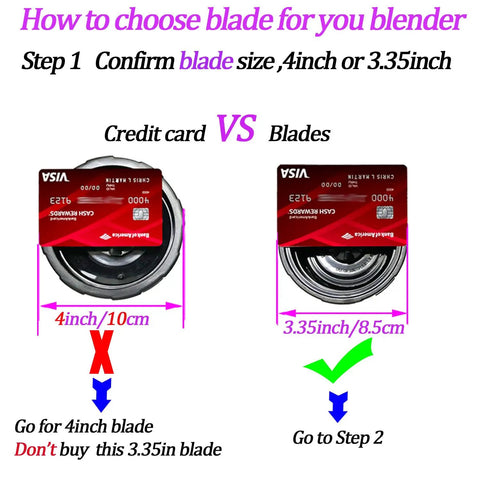 Guide for choosing blender blade size using a credit card for comparison, showing 4-inch and 3.35-inch blade compatibility