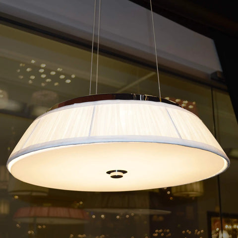 Six Light LED Pendant In Polished Chrome Finish With White Nylon String Shade And Brass Frame Dope Modern Look 3000K Warm White 20 Inch Diameter Includes Six Built In LED Bulbs And Matching Canopy
