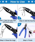 Split Ring Opener Tool For Jewelry Making, Keychain Pliers Set showing steps to open, add, close, and finish attaching keychain parts