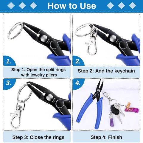 Split Ring Opener Tool For Jewelry Making, Keychain Pliers Set showing steps to open, add, close, and finish attaching keychain parts