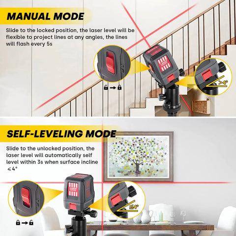 Self Leveling Laser Level With 360 Degree Horizontal And Vertical Line, Bright 2 Line Cross Laser For Wall Hanging And Outdoor Use, Waterproof, Magnetic Mount, Manual Mode Toggle, Includes Battery Carrying Bag. Manual and self-leveling modes shown