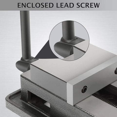 Heavy Duty 5 Inch Vise With 360 Degree Swivel Base For CNC Milling Woodworking And Drill Press, showing enclosed lead screw