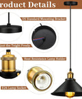12 Pack Black Industrial Pendant Lights Set With Vintage Dome Design, E26 base, showing parts like bracket and lamp socket.
