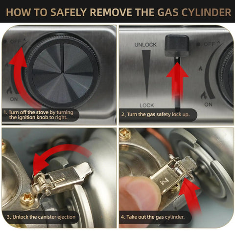Steps to remove gas cylinder from 10000 BTU Stainless Steel Camp Stove With Wind Blocker Portable Gas Stove For Camping Tailgating And Outdoor Cooking In A Durable Carry Case Fuel Not Included.