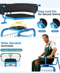 Man using Rollin Garden Seat With Wheels For Seniors And Gardening Gearheads, 360 Degree Swivel Seat With Backrest, showing easy-lock pin and elevated armrests