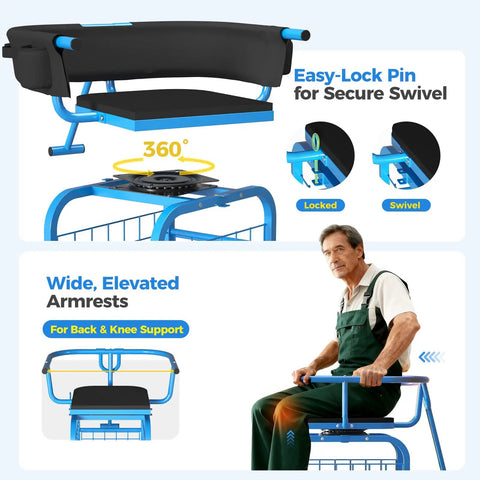 Man using Rollin Garden Seat With Wheels For Seniors And Gardening Gearheads, 360 Degree Swivel Seat With Backrest, showing easy-lock pin and elevated armrests