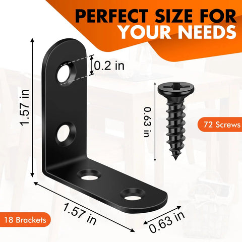 18 Pack Black L Bracket Corner Braces Set With 72 Screws Durable 90 Degree Metal Right Angle Brackets For Shelves Furniture