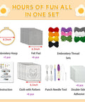 Punch Needle Kit For Beginners And Kids, Easy DIY Embroidery Set With 6 Coasters, includes hoop, yarn, tools, and cloths displayed.