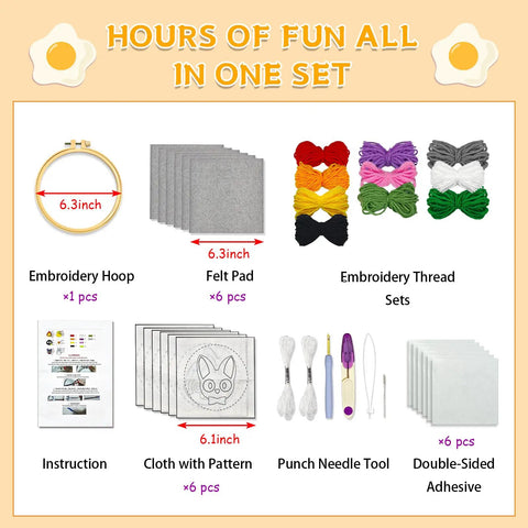Punch Needle Kit For Beginners And Kids, Easy DIY Embroidery Set With 6 Coasters, includes hoop, yarn, tools, and cloths displayed.