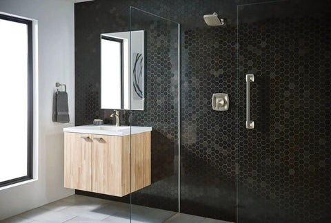 Stainless Steel 24-Inch Bathroom Grab Bar In Brushed Nickel For Safety, ADA Compliant in modern shower with glass door
