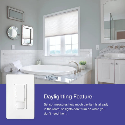 Motion Sensor Dimmer Switch With Hands Free Operation For Bathroom, showing daylighting feature and sensor detail, gray finish.