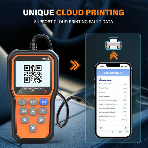 All In One OBD2 Scanner With Battery Tester And Live Data shown with phone displaying cloud report feature in car interior.