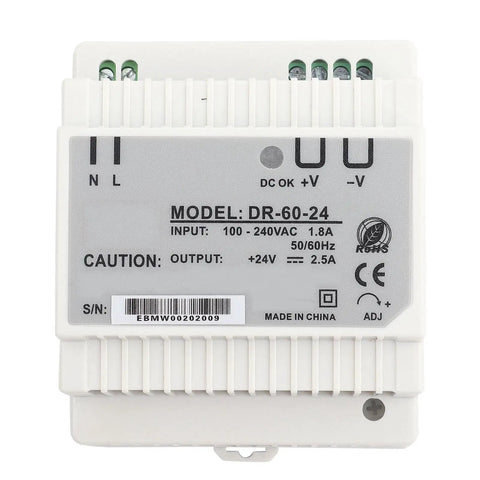 60W 24V DIN Rail Power Supply, Single Output AC DC Switching PSU DR-60-24, rail-mounted white aluminum case with terminals