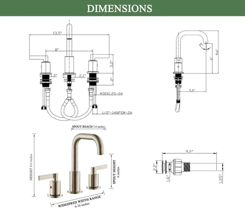 Dimensions of Brushed Gold Sleek 8 Inch Widespread Bathroom Faucet With Two Handles High Arc Spout Pop Up Drain 3 Hole Vanity Sink Faucet 360