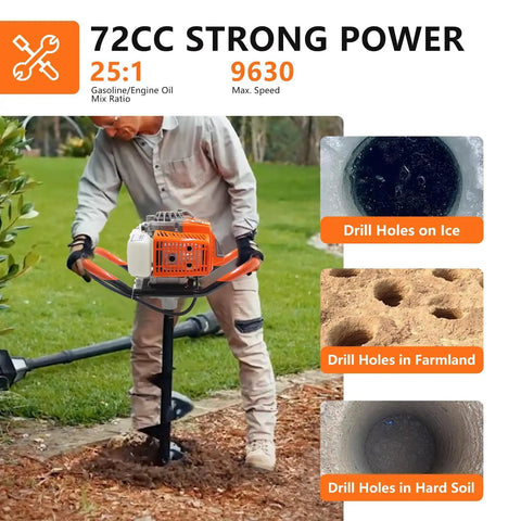 Heavy Duty 72cc 2-Stroke Gas Powered Post Hole Digger With 6 Inch And 8 Inch Auger Bits and Extension for drilling various soils