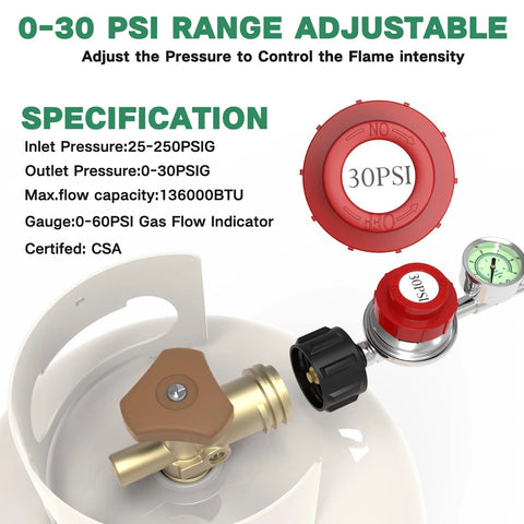 Red propane regulator with gauge and 5ft hose for LP appliances, adjustable 0–30 PSI