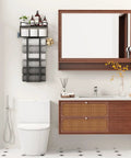 All Black 31 Inch Wall Mounted Towel Rack With Floating Wood Shelf And Top Basket in modern bathroom setting, holds 6 towels plus toiletries
