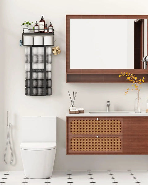 All Black 31 Inch Wall Mounted Towel Rack With Floating Wood Shelf And Top Basket in modern bathroom setting, holds 6 towels plus toiletries