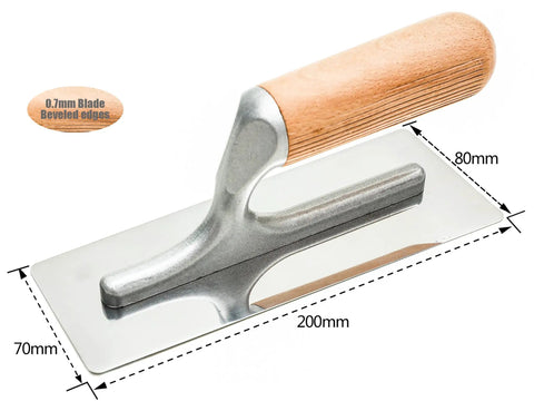 Pro Grade Stainless Steel Venetian Plaster Trowel with polished finish, beveled edges, lightweight wood handle shown in side view