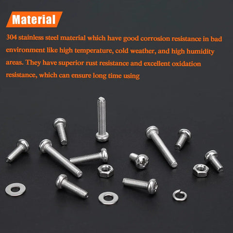 M3 Metric Phillips Pan Head Machine Screws Kit In Six Sizes 6mm 8mm 10mm 12mm 16mm 20mm With Hex Nuts Lock Washers Flat Washers 304 Stainless Steel For DIY Projects Built Tough displayed on black surface with visible washers and nuts