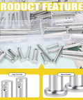 Clevis Pin Kit 51 Single Hole Flat Head Clevis Pins In 18 Sizes Plus 51 Random Size Split Cotter Pins Three Sixteenths Inch To One Half Inch Zinc Plated Carbon Steel Easy Storage In Plastic Organizer Box Great For Garage Use Total 102 Pieces in clear plastic case with pins displayed around.