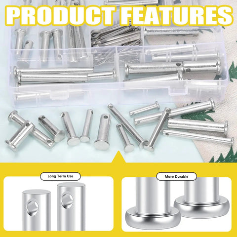 Clevis Pin Kit 51 Single Hole Flat Head Clevis Pins In 18 Sizes Plus 51 Random Size Split Cotter Pins Three Sixteenths Inch To One Half Inch Zinc Plated Carbon Steel Easy Storage In Plastic Organizer Box Great For Garage Use Total 102 Pieces in clear plastic case with pins displayed around.