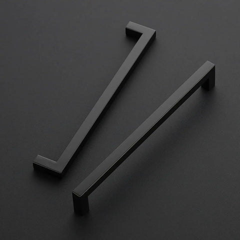 Two matte black cabinet handles from the 32 Pack Matte Black Cabinet Handles 8-4/5 Inch Square Pulls For Drawers And Kitchen Cabinets Hardware Set For Cupboards Durable Modern Hardware Heavy Duty Build, shown on a dark background.