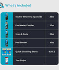 Contents of Pool Opening Kit For Inground And Above Ground Pools Kick Off Your Season With This All In One Pool Starter Kit including algaecide, clarifier, shock, stain remover, test strips.