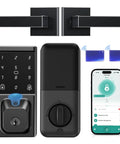 Slick Fingerprint Smart Lock With Smooth Keyless Entry, AI Self Learning Handle Set, App Pin Code And Key Fob Access, Zero Hassle Front Door Security Setup For Your Home, featuring a keypad and smartphone app.