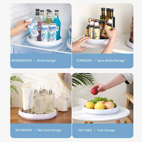 10 Inch Lazy Susan Turntable Pantry Organizer Set With Non Slip Fridge Spice Rack Spin Tray 2 Pack For Cabinets Pantries And Tables Smooth 360 Degree Rotation BPA Free And Durable Kitchen Storage shown in various storage uses.