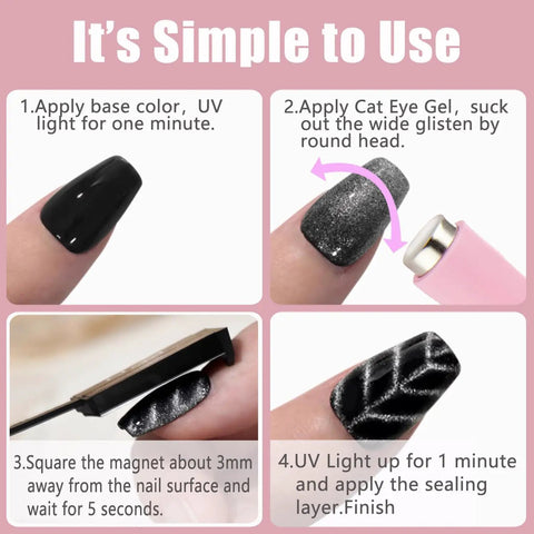 Step-by-step use of 11Pcs Cat Eye Nail Magnet Set 5 In 1 Multifunctional Magnetic Nail Tool Kit for nail art effects